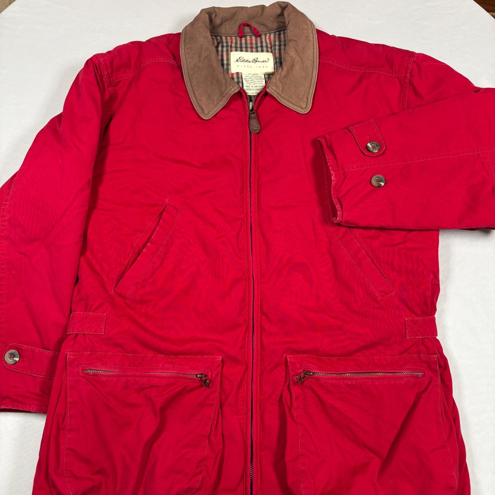 Vintage Eddie Bauer Goose Down Barn Jacket Red Plaid Cotton Leather Collar M